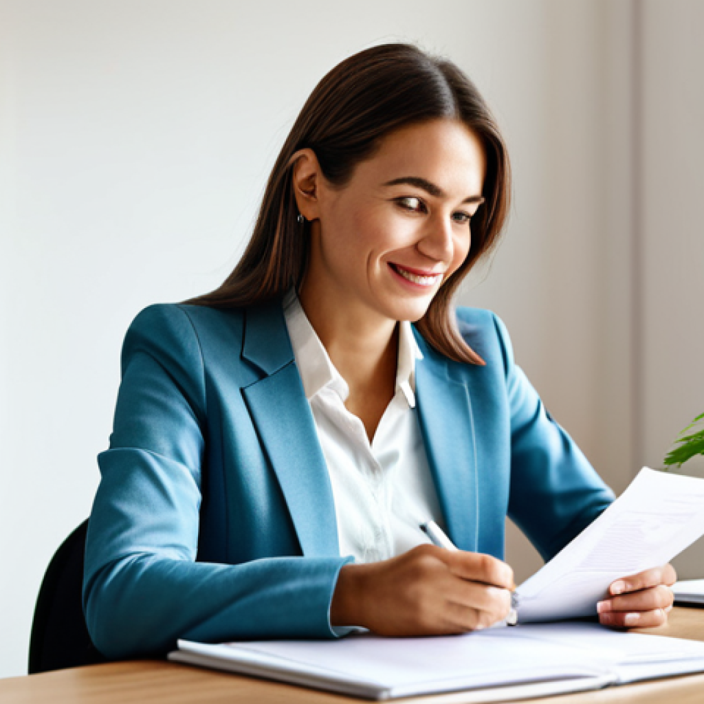 **

"A professional female social worker in a modest business casual outfit, seated at a desk in a brightly lit, modern office. She is reviewing documents with a warm and encouraging expression. Background includes bookshelves and plants. Fully clothed, appropriate attire, safe for work, perfect anatomy, natural proportions, professional photography, high quality."

**