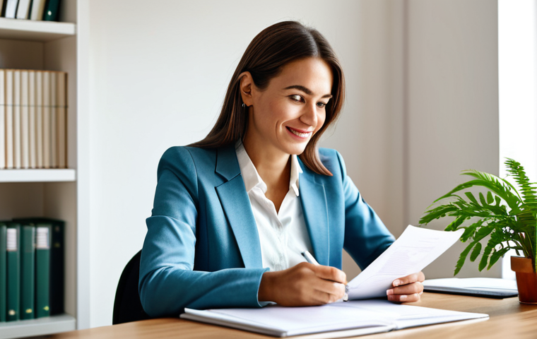 **

"A professional female social worker in a modest business casual outfit, seated at a desk in a brightly lit, modern office. She is reviewing documents with a warm and encouraging expression. Background includes bookshelves and plants. Fully clothed, appropriate attire, safe for work, perfect anatomy, natural proportions, professional photography, high quality."

**