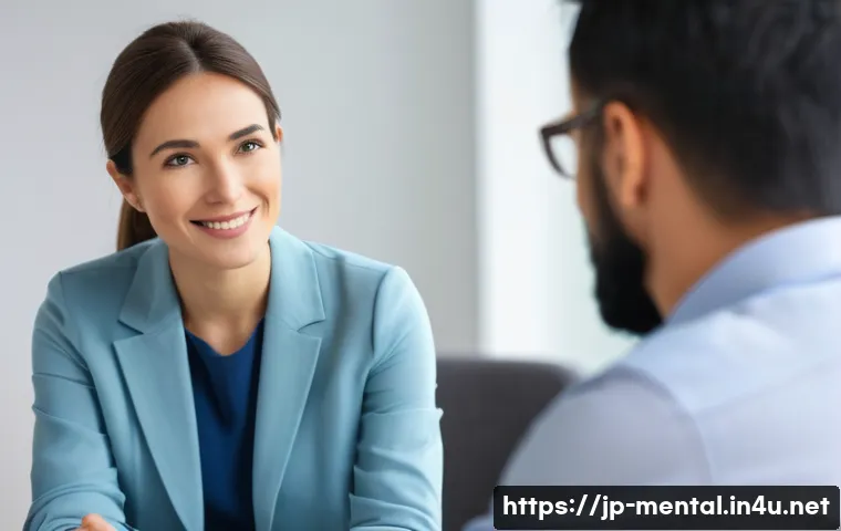정신건강 분야 직무의 이론과 실제 - A compassionate mental health counselor attentively listening to a client in a modern counseling roo...
