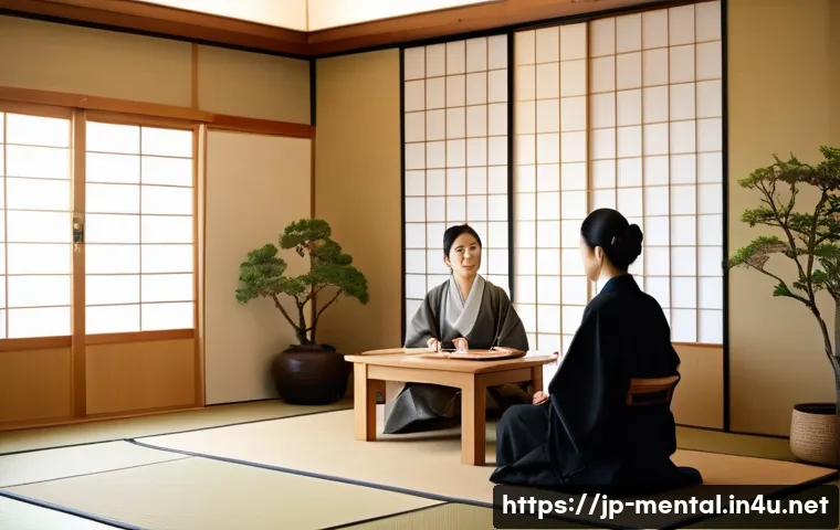 정신건강 전문가 업무 수행법 - A professional mental health counselor attentively listening to a Japanese client in a modern, warml...