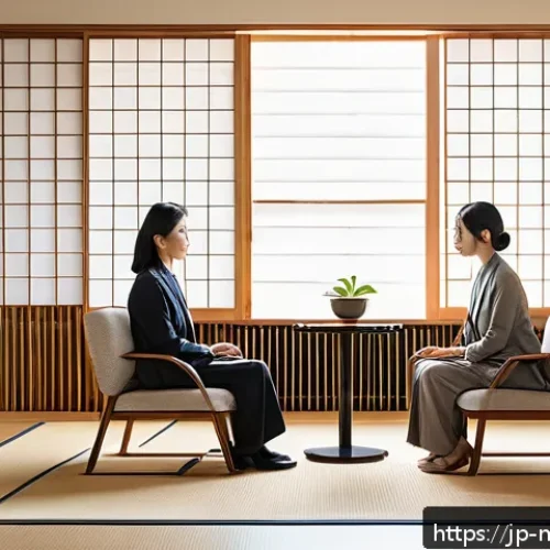 정신건강 상담사의 역할 - A serene counseling room setting in a modern Japanese office, featuring a calm female mental health ...