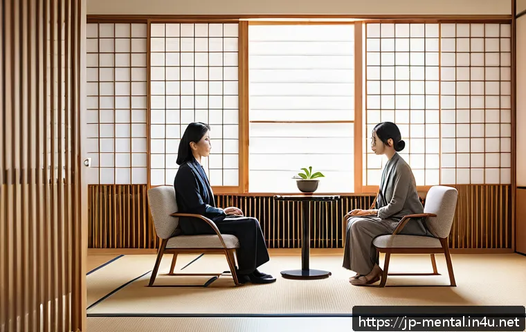 정신건강 상담사의 역할 - A serene counseling room setting in a modern Japanese office, featuring a calm female mental health ...