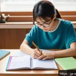 정신건강 자격증 취득 후기 - A focused Japanese woman in her mid-20s studying at a tidy desk in a modern room, using a calendar a...