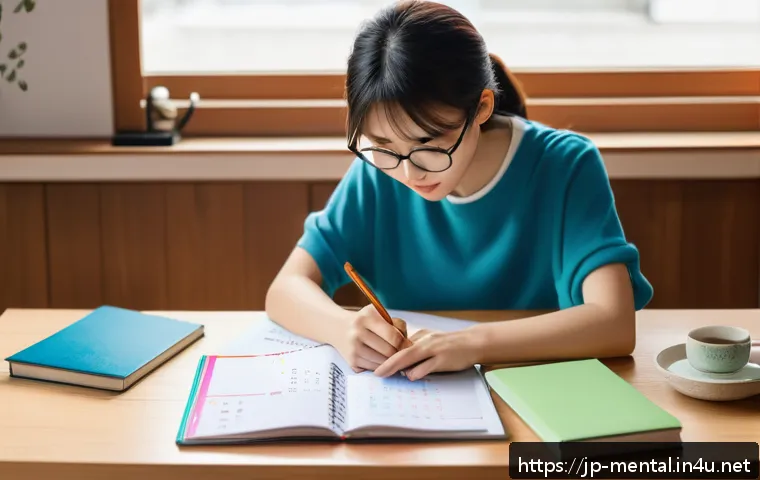 정신건강 자격증 취득 후기 - A focused Japanese woman in her mid-20s studying at a tidy desk in a modern room, using a calendar a...