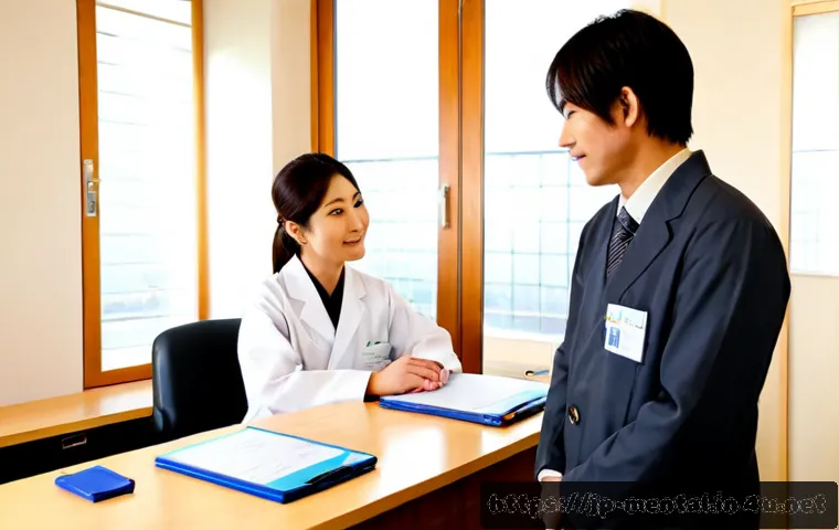 정신건강 전문가 취업 시장 동향 - Photorealistic modern Japanese mental health clinic career scene, a compassionate Japanese therapist...